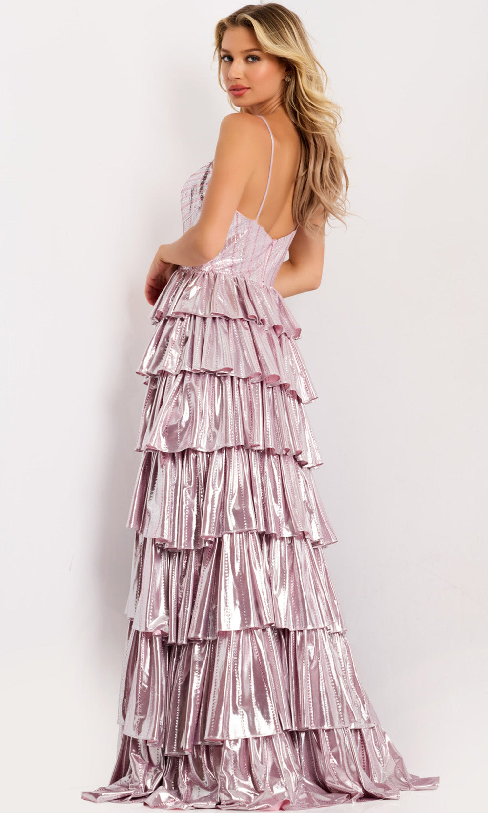 Jovani 48341 - Tiered Ruffle A-Line Metallic Gown