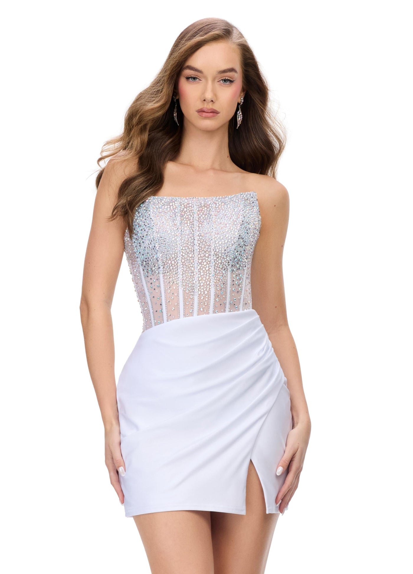 Ashley Lauren 4686 - Beaded Corset Cocktail Dress In White