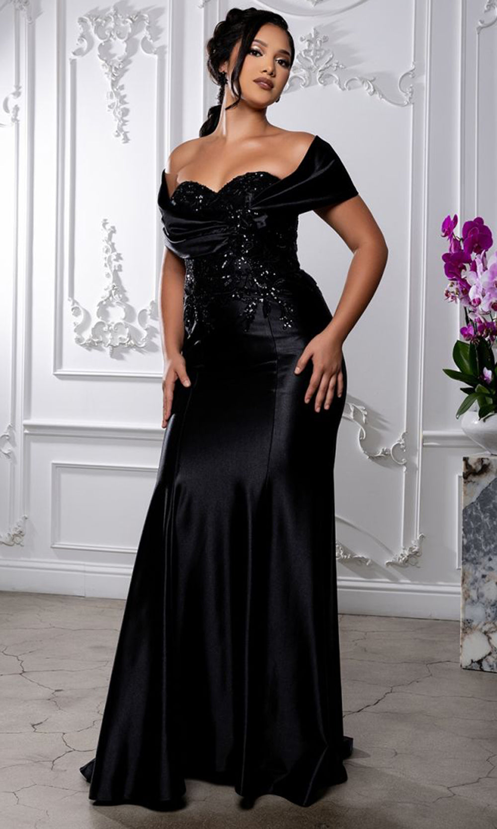 May Queen MQ2174B - Pleated Shoulder Wrap Evening Dress Mother Of The Bride Dresses in Black 