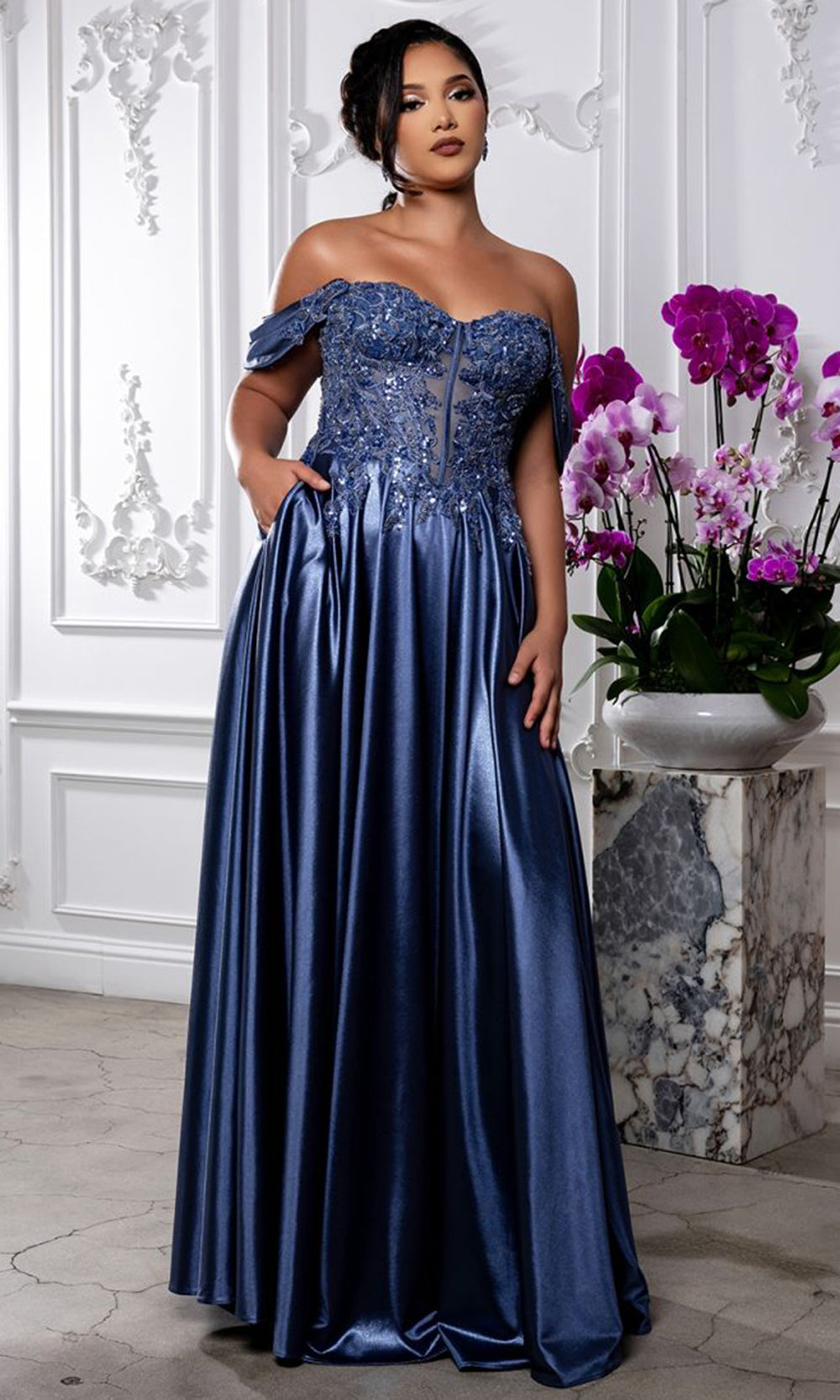 May Queen MQ2240 - Off Shoulder Embroidered Evening Dress Mother of the Bride Dresses in Blue 