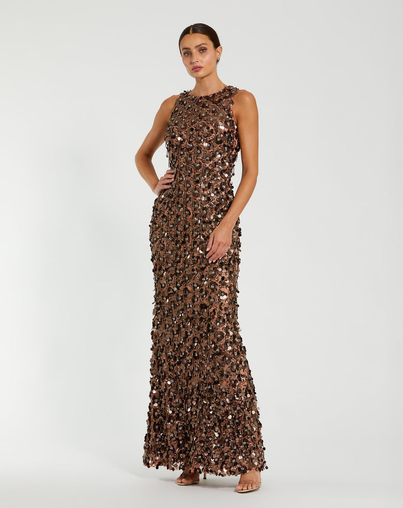 Mac Duggal 10079 - Jewel Neck Sequin Fringe Long Dress Formal Gowns in Brown