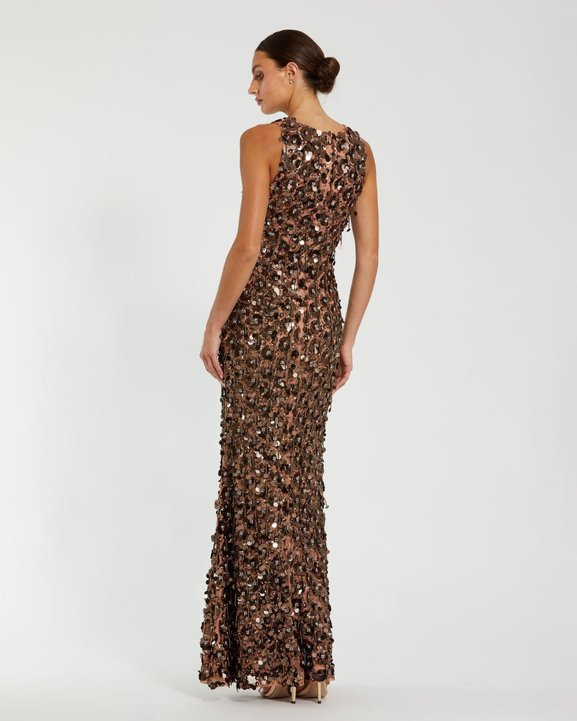 Mac Duggal 10079 - Jewel Neck Sequin Fringe Long Dress Formal Gowns in Brown