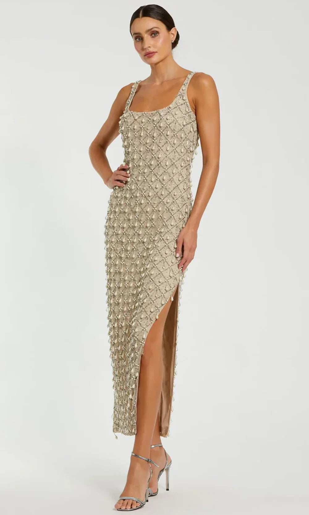 Mac Duggal 10084 - Pearl Drop Sheath Midi Dress Prom Dresses in Nude Silver 