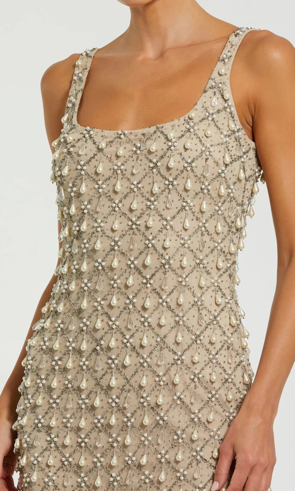 Mac Duggal 10084 - Pearl Drop Sheath Midi Dress Prom Dresses in Nude Silver 