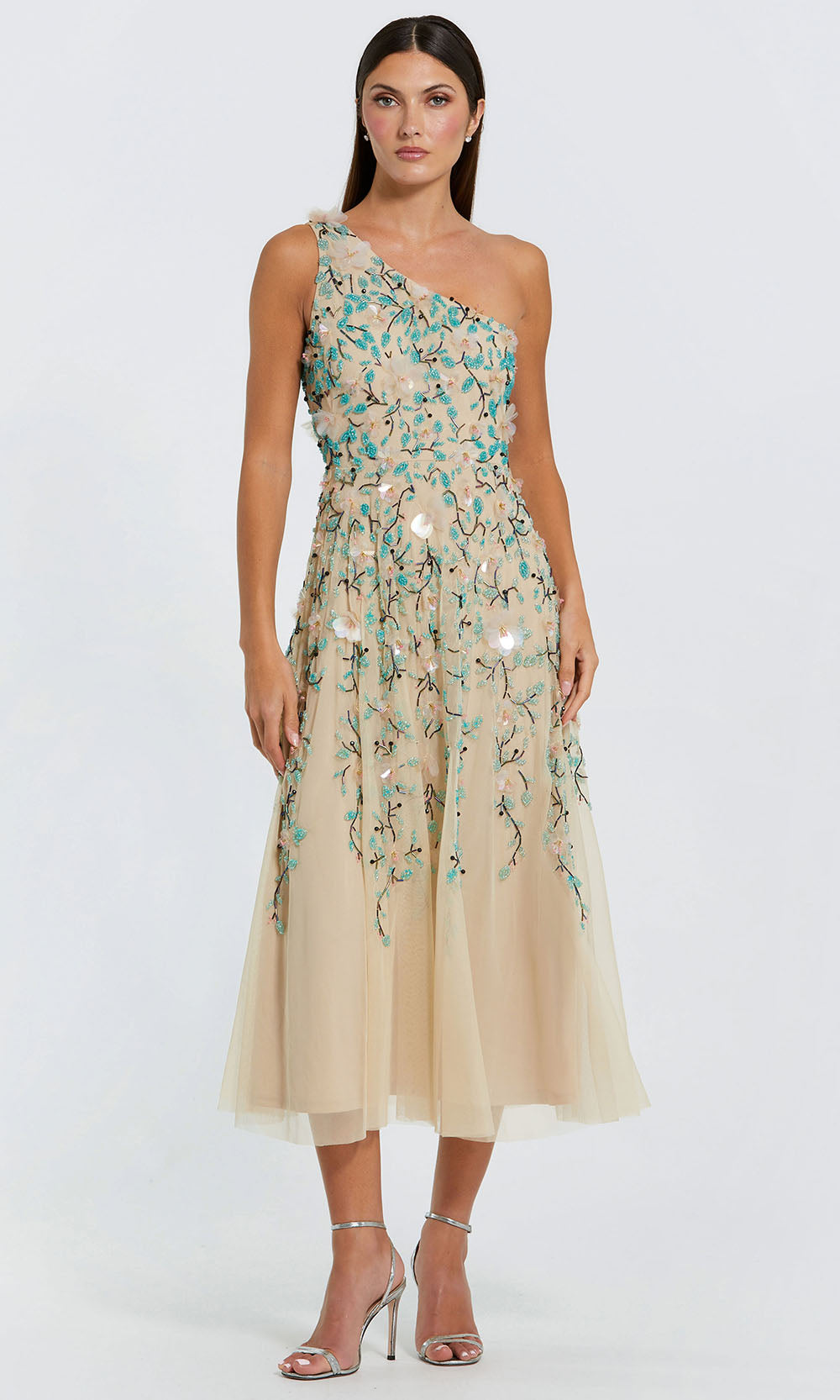 Mac Duggal 10086 - Asymmetric Floral Beaded A-line Dress Wedding Guest in Nude Multi
