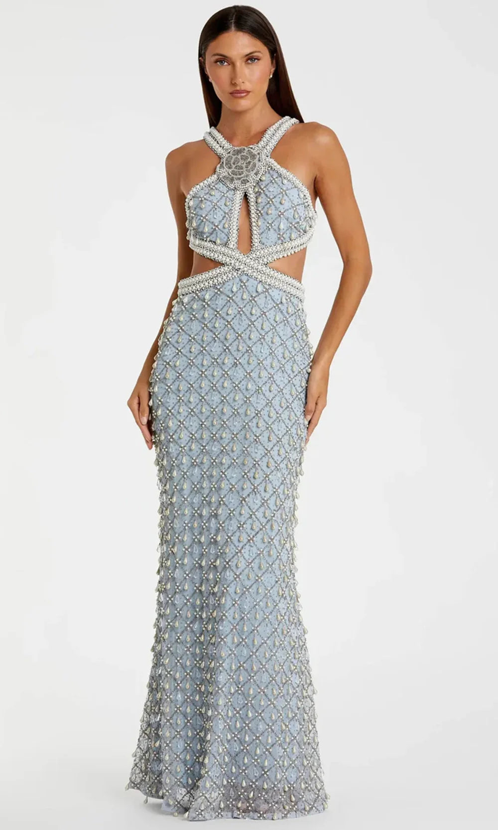 Mac Duggal 10098 - Pearl Embellished Crisscross Back Long Gown Prom Dresses in Vintage Blue 