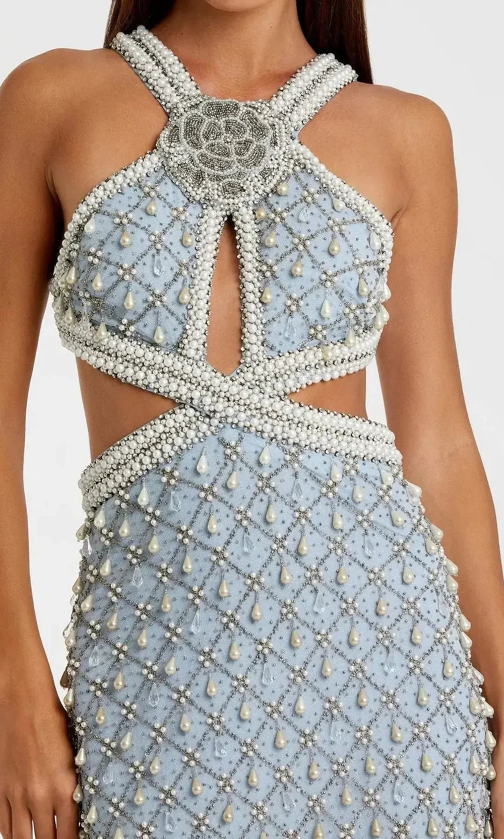Mac Duggal 10098 - Pearl Embellished Crisscross Back Long Gown Prom Dresses in Vintage Blue 