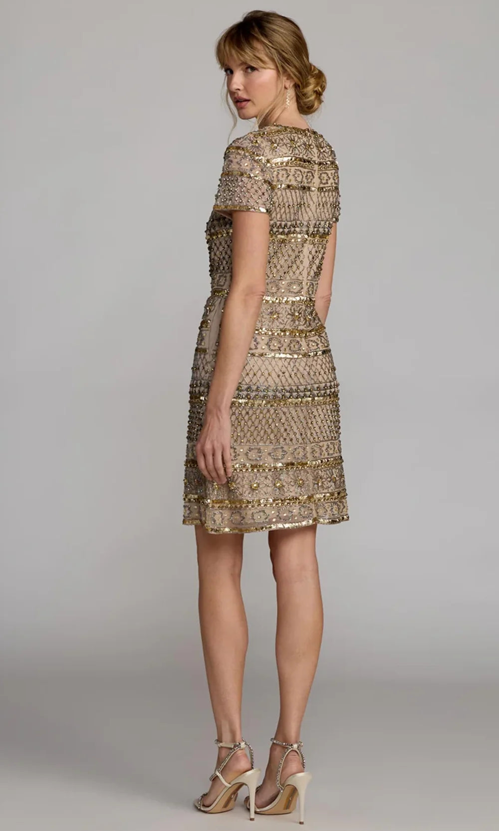 Mac Duggal 10113 - Short Sleeve Geometric Beadwork Cocktail Dress In Neutral and Gold