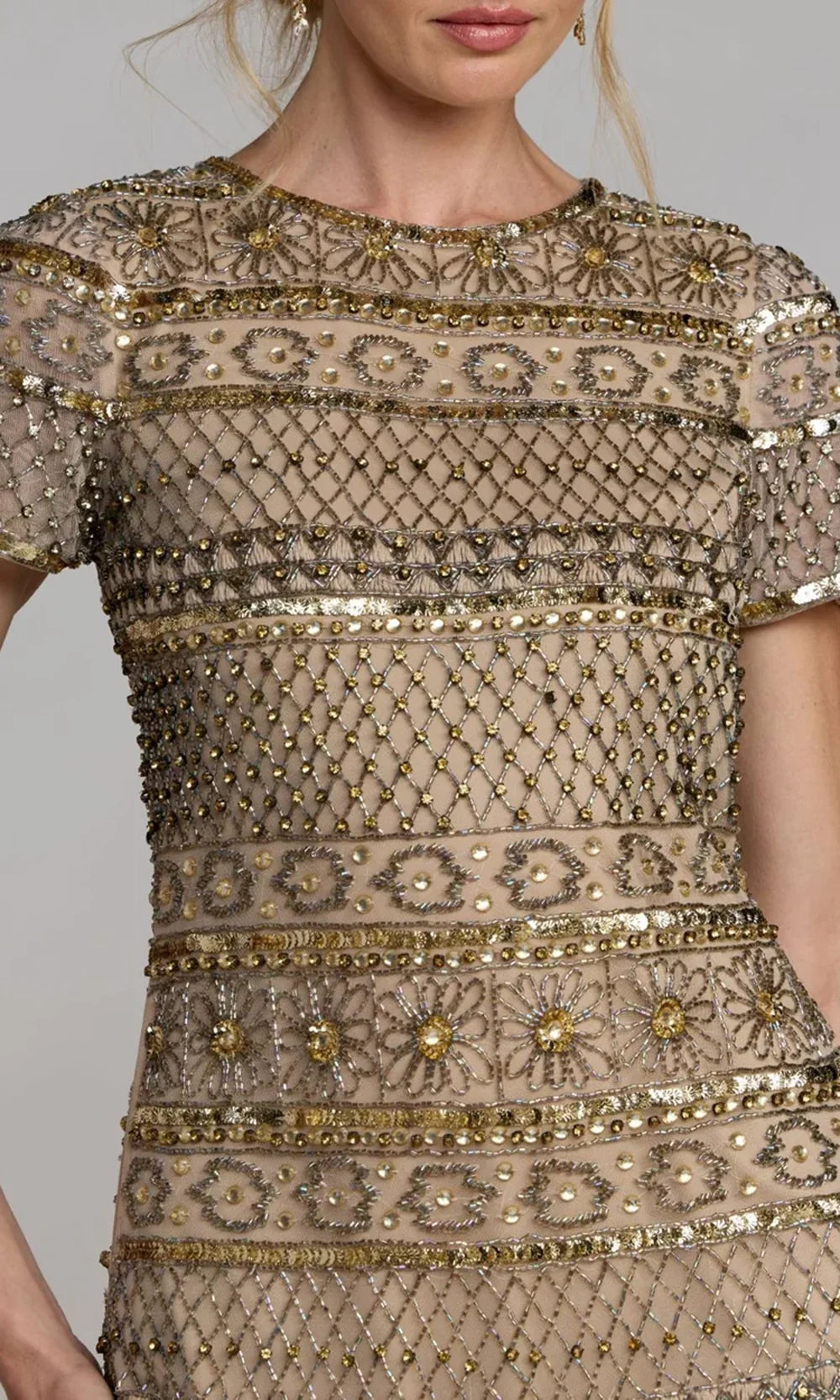 Mac Duggal 10113 - Short Sleeve Geometric Beadwork Cocktail Dress In Neutral and Gold
