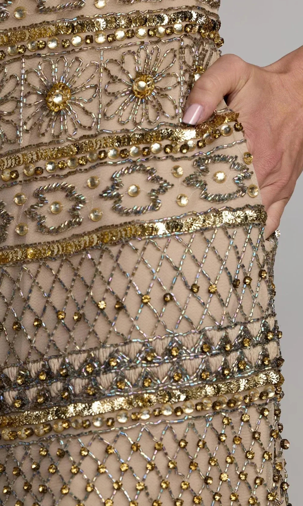 Mac Duggal 10113 - Short Sleeve Geometric Beadwork Cocktail Dress In Neutral and Gold