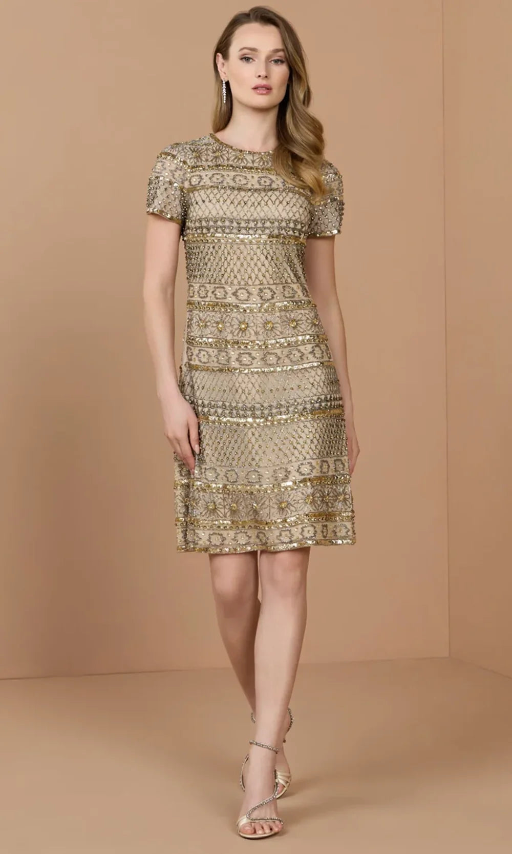 Mac Duggal 10113 - Short Sleeve Geometric Beadwork Cocktail Dress In Neutral and Gold
