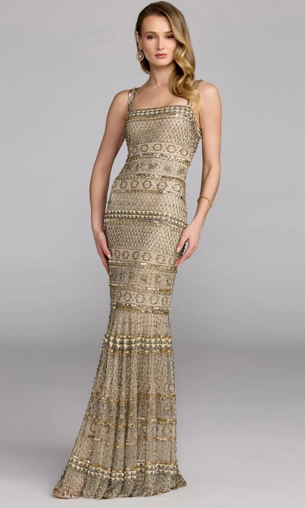 Mac Duggal 10114 - Geometric Beaded Square Neck Prom Gown In Neutral and Gold