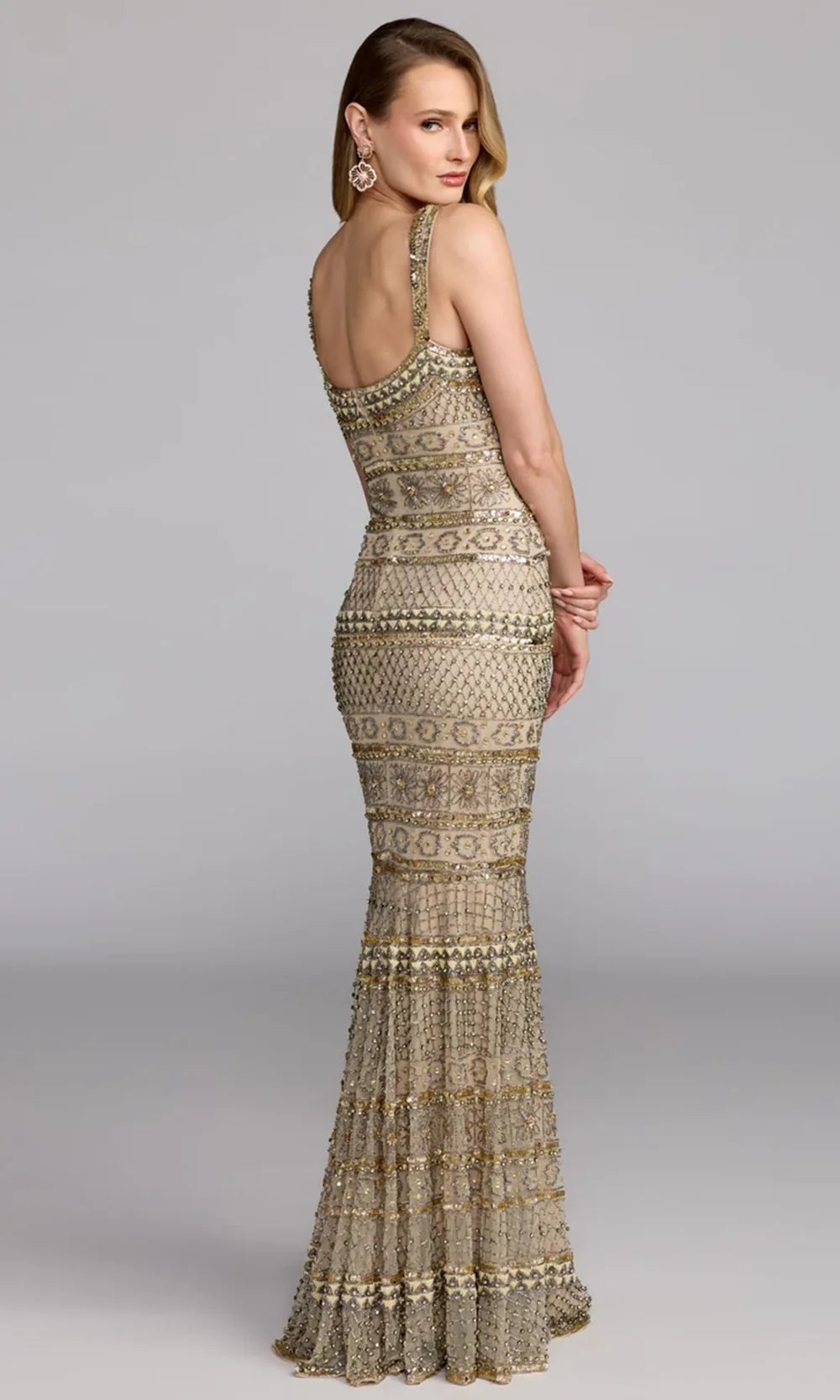 Mac Duggal 10114 - Geometric Beaded Square Neck Prom Gown In Neutral and Gold