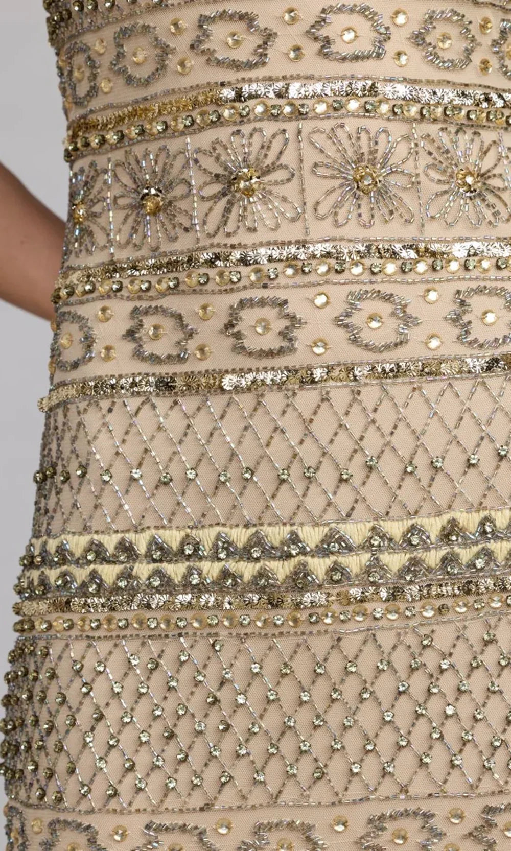 Mac Duggal 10114 - Geometric Beaded Square Neck Prom Gown In Neutral and Gold
