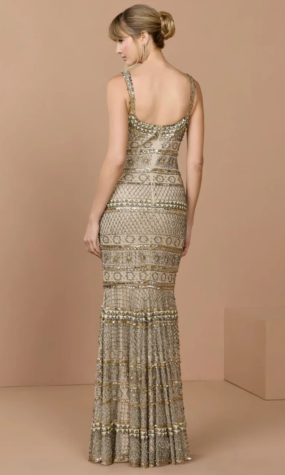 Mac Duggal 10114 - Geometric Beaded Square Neck Prom Gown In Neutral and Gold
