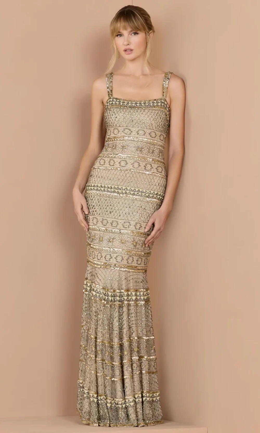 Mac Duggal 10114 - Geometric Beaded Square Neck Prom Gown In Neutral and Gold