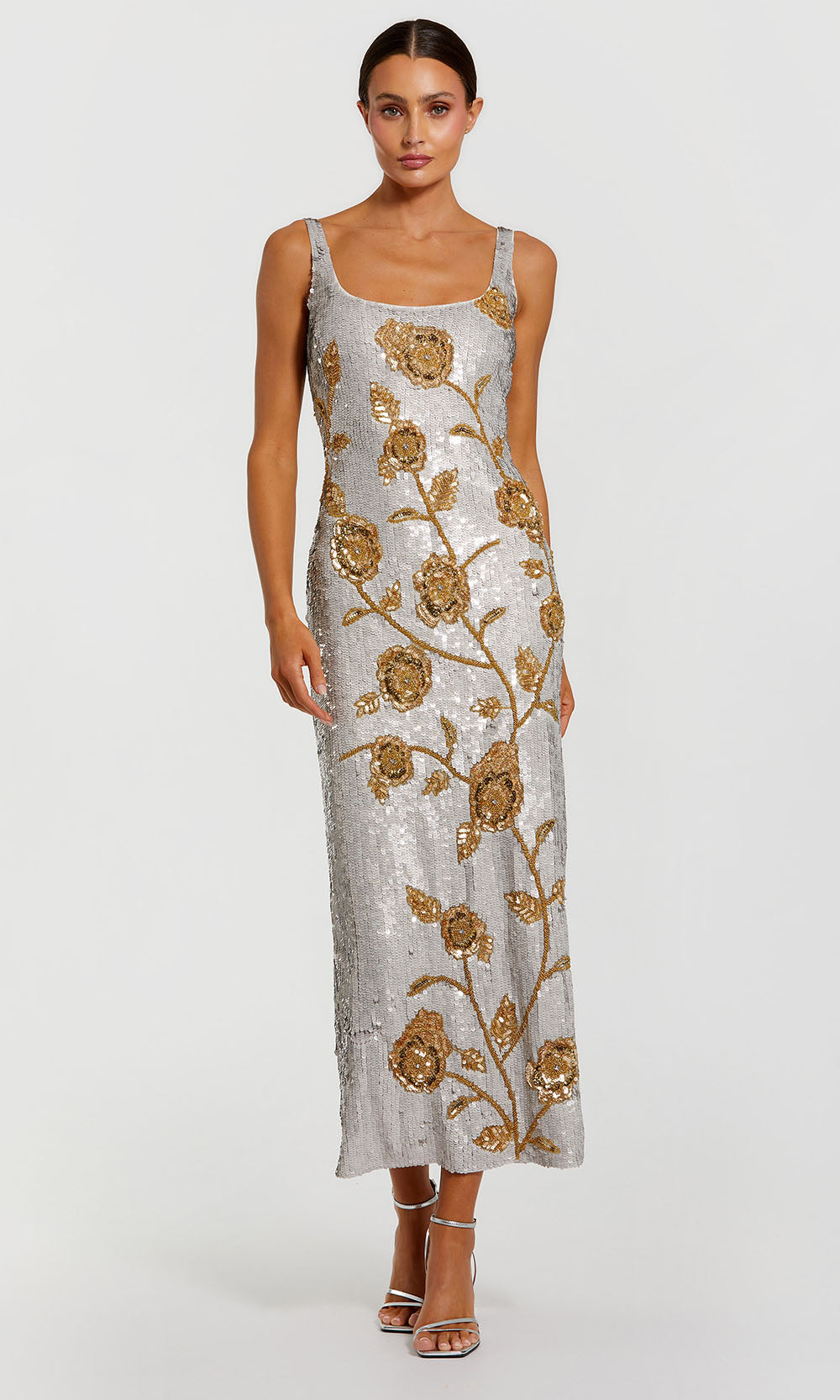 Mac Duggal 10119 - Sequin Mesh Wide Strap Fitted Dress Holiday Dresses in Gray and Gold
