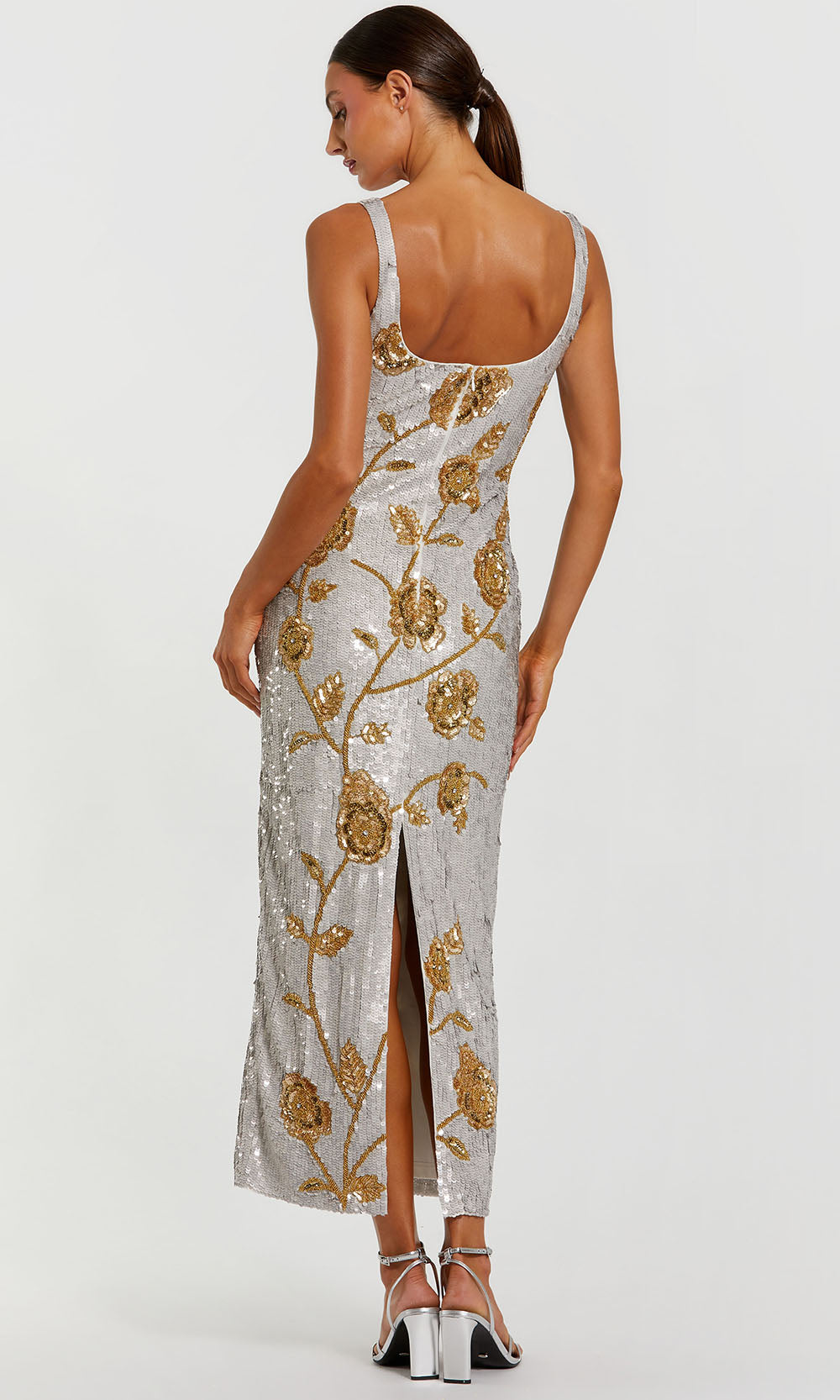Mac Duggal 10119 - Sequin Mesh Wide Strap Fitted Dress Holiday Dresses in Gray and Gold