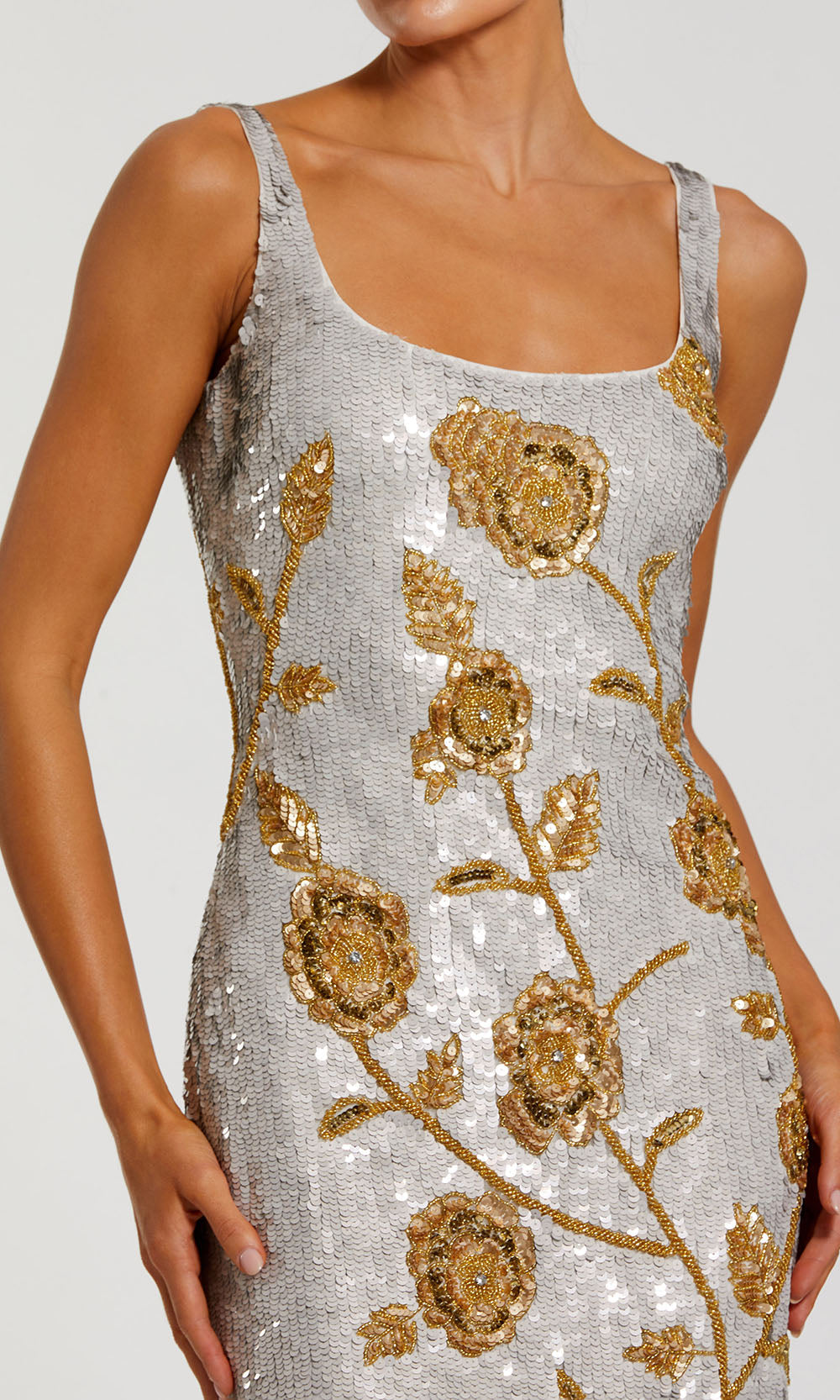 Mac Duggal 10119 - Sequin Mesh Wide Strap Fitted Dress Holiday Dresses in Gray and Gold