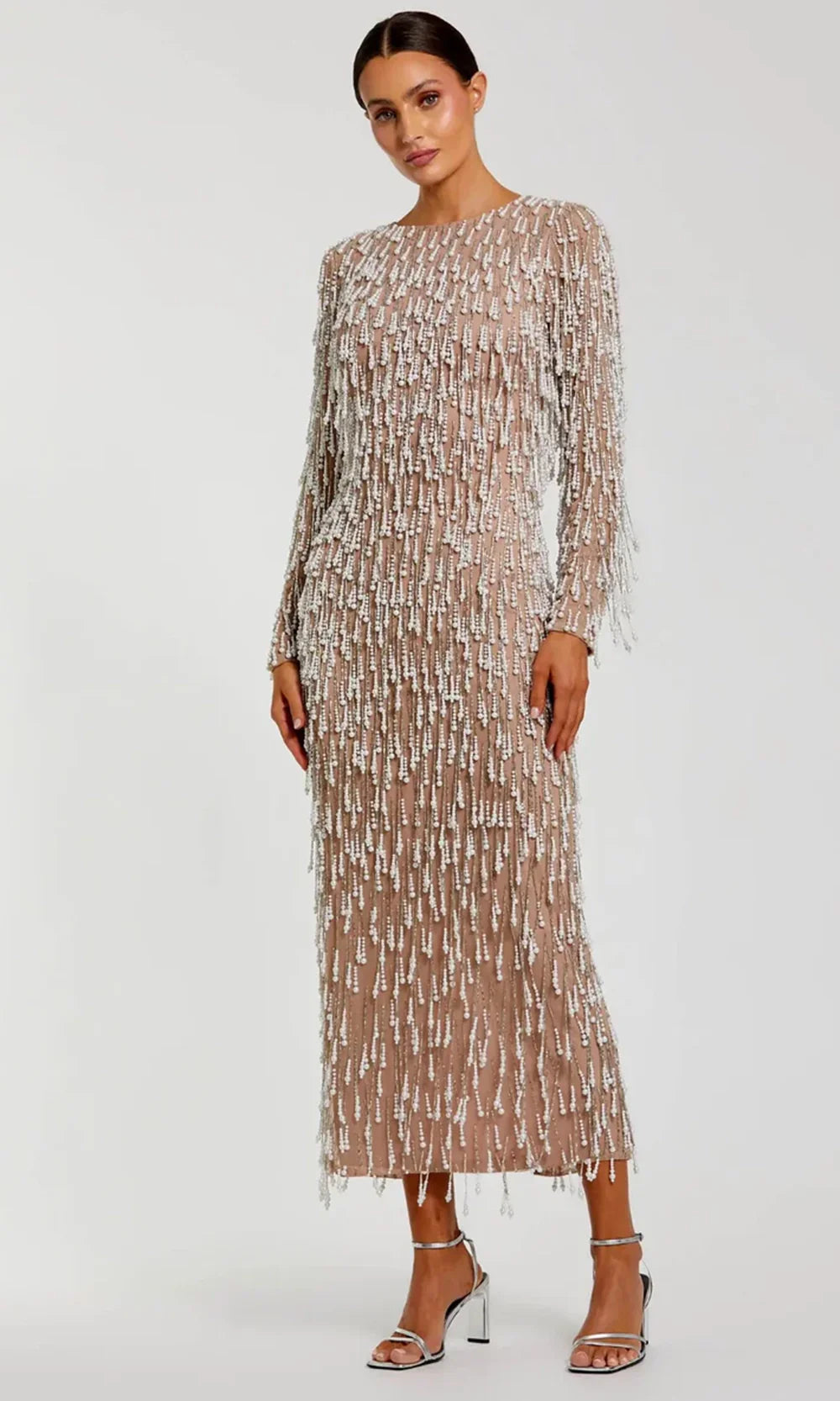 Mac Duggal 10120 - Bateau Neck Fringe Column Dress Formal Gowns in In Ivory Nude