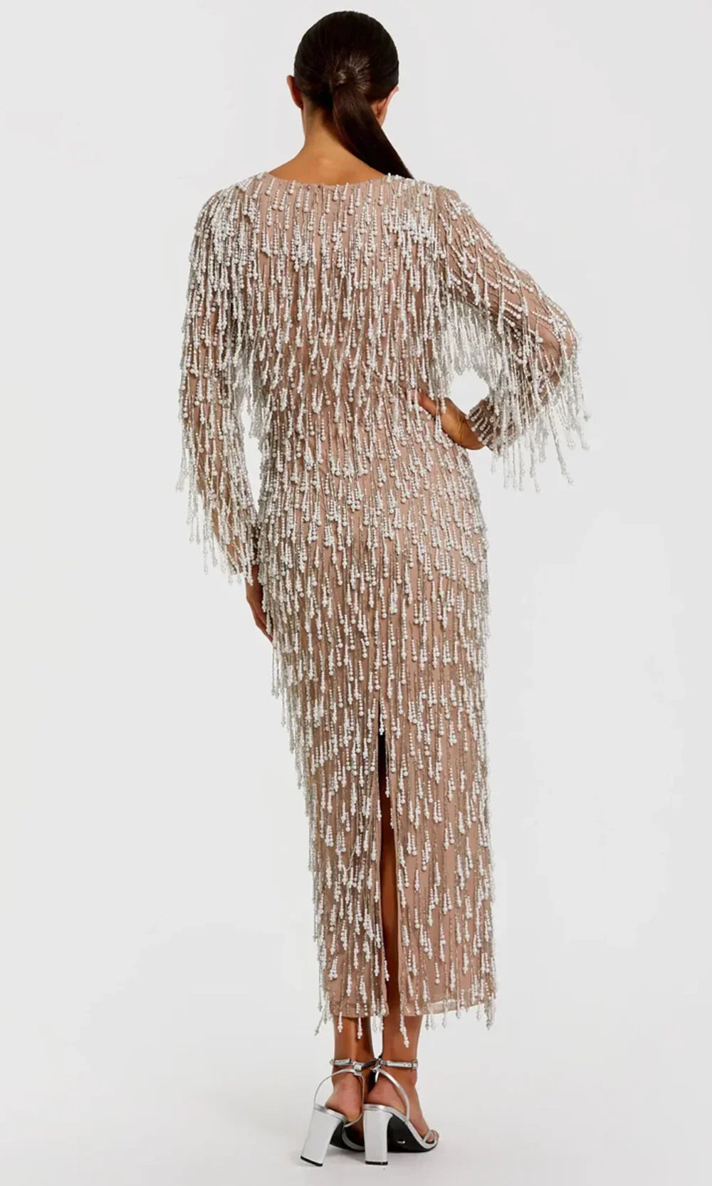 Mac Duggal 10120 - Bateau Neck Fringe Column Dress Formal Gowns in In Ivory Nude