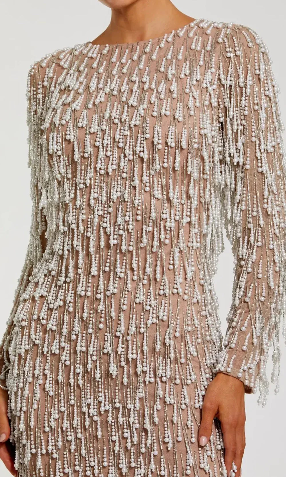 Mac Duggal 10120 - Bateau Neck Fringe Column Dress Formal Gowns in In Ivory Nude
