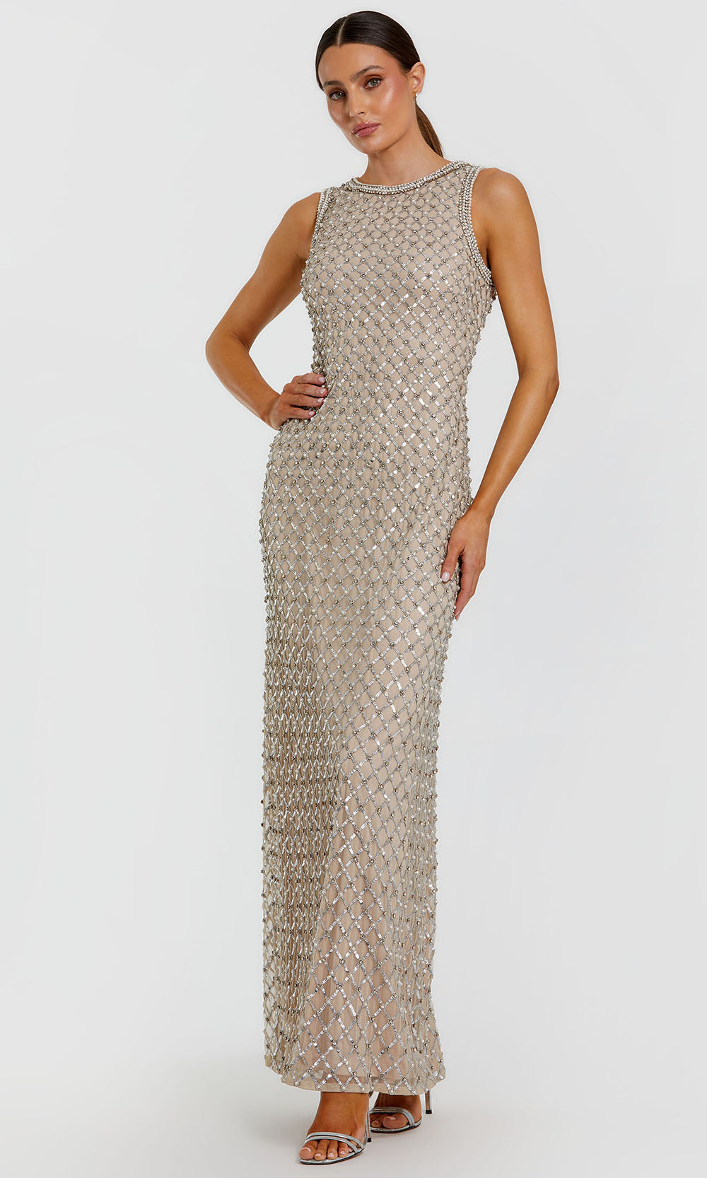 Mac Duggal 10129 - Beaded Lattice Sleeveless Long Gown Formal Gowns in Silver and Neutral