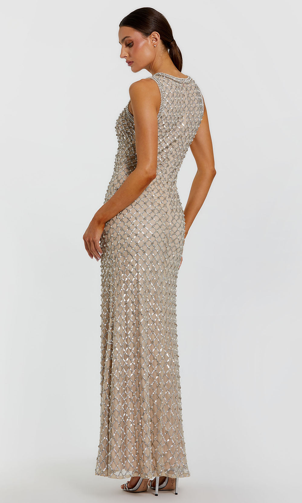 Mac Duggal 10129 - Beaded Lattice Sleeveless Long Gown Formal Gowns in Silver and Neutral