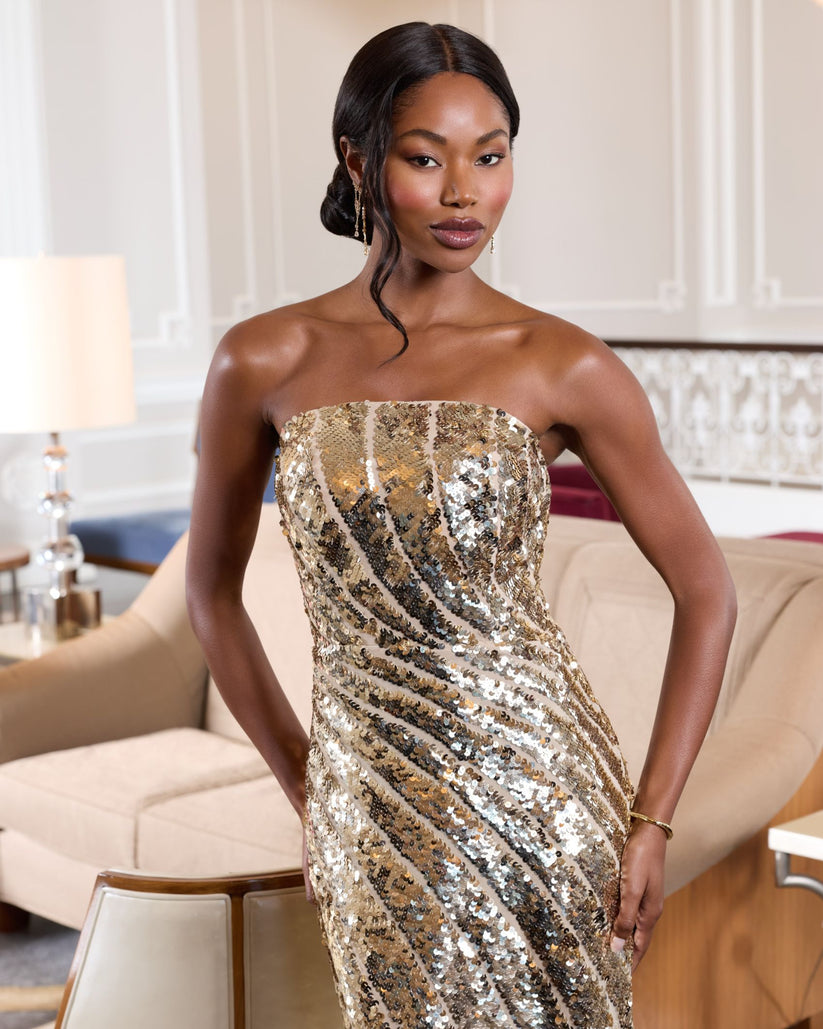 Mac Duggal 10130 - Sequin Pattern Straight Neckline Evening Dress Formal Gowns in Gold