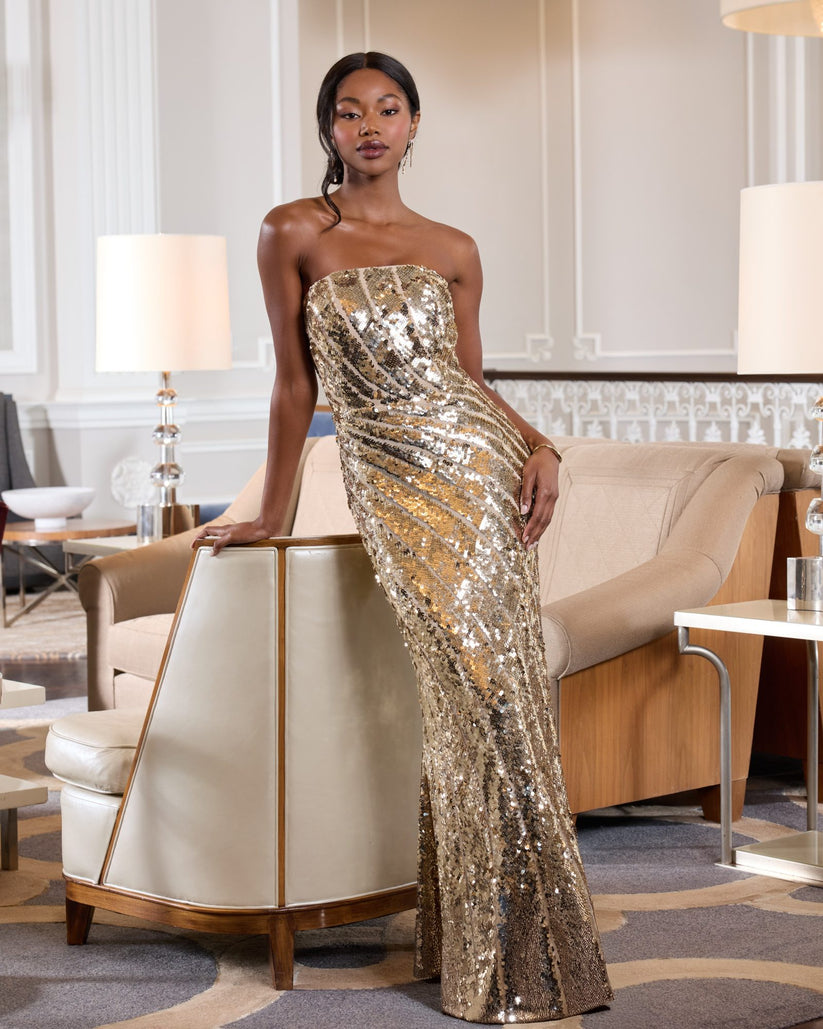 Mac Duggal 10130 - Sequin Pattern Straight Neckline Evening Dress Formal Gowns in Gold