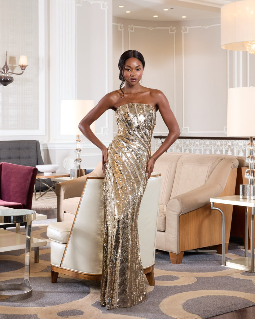Mac Duggal 10130 - Sequin Pattern Straight Neckline Evening Dress Formal Gowns in Gold
