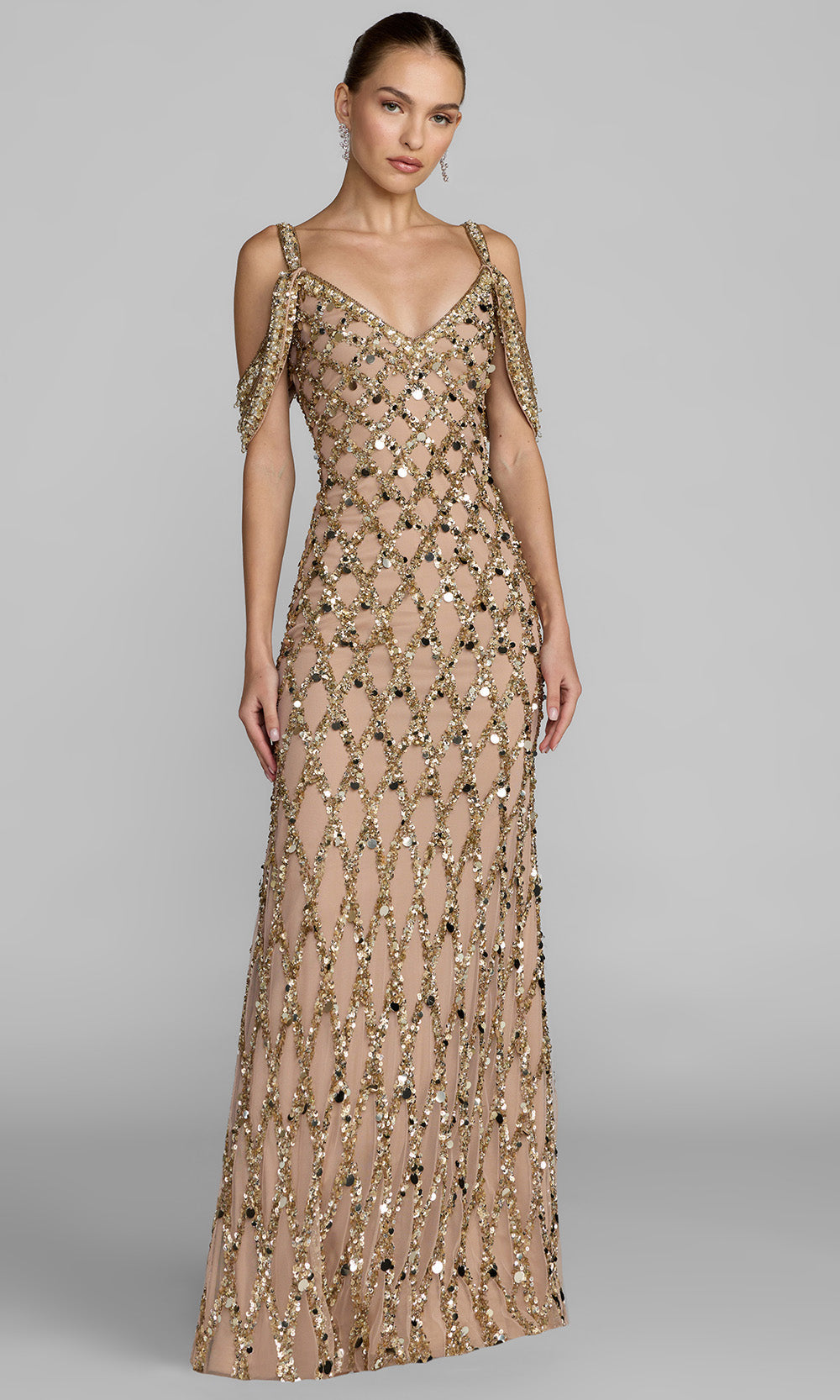 Mac Duggal 10139 - Sequin Lattice Cold Shoulder Prom Gown In Gold