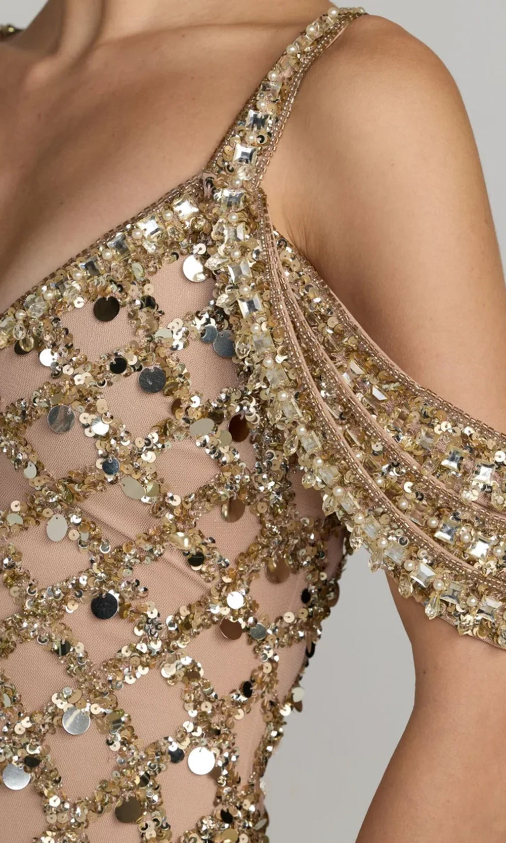 Mac Duggal 10139 - Sequin Lattice Cold Shoulder Prom Gown In Gold