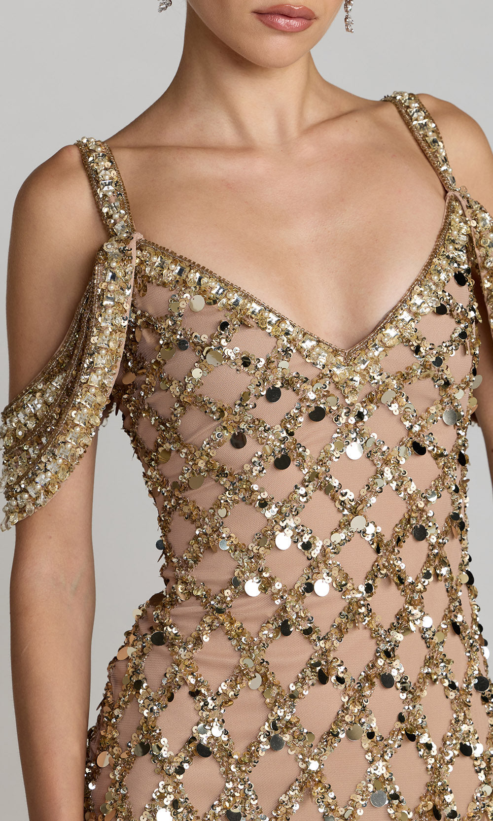 Mac Duggal 10139 - Sequin Lattice Cold Shoulder Prom Gown In Gold