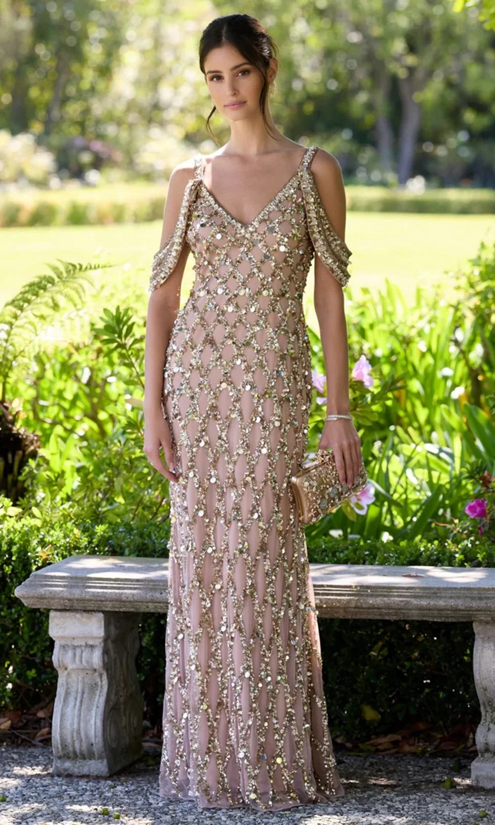 Mac Duggal 10139 - Sequin Lattice Cold Shoulder Prom Gown In Gold