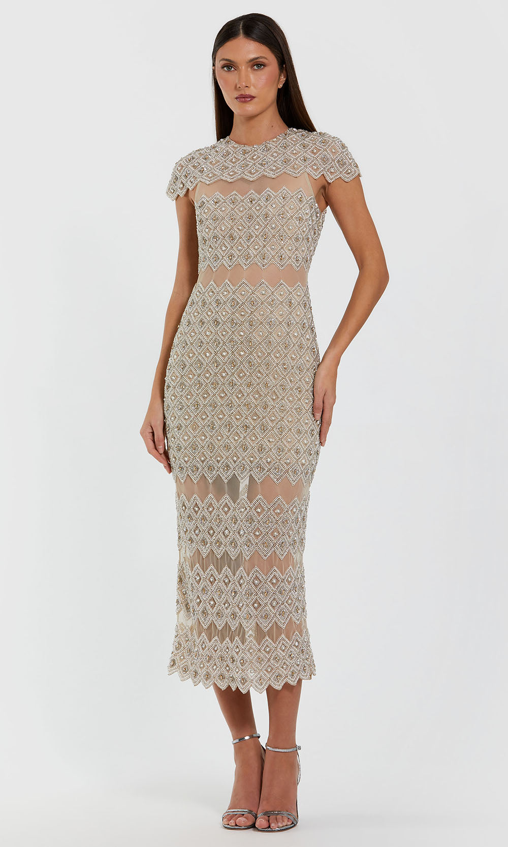 Mac Duggal 10147 - Cap Sleeve Midi Dress with Illusion Panels Cocktail Dresses in White and Neutral
