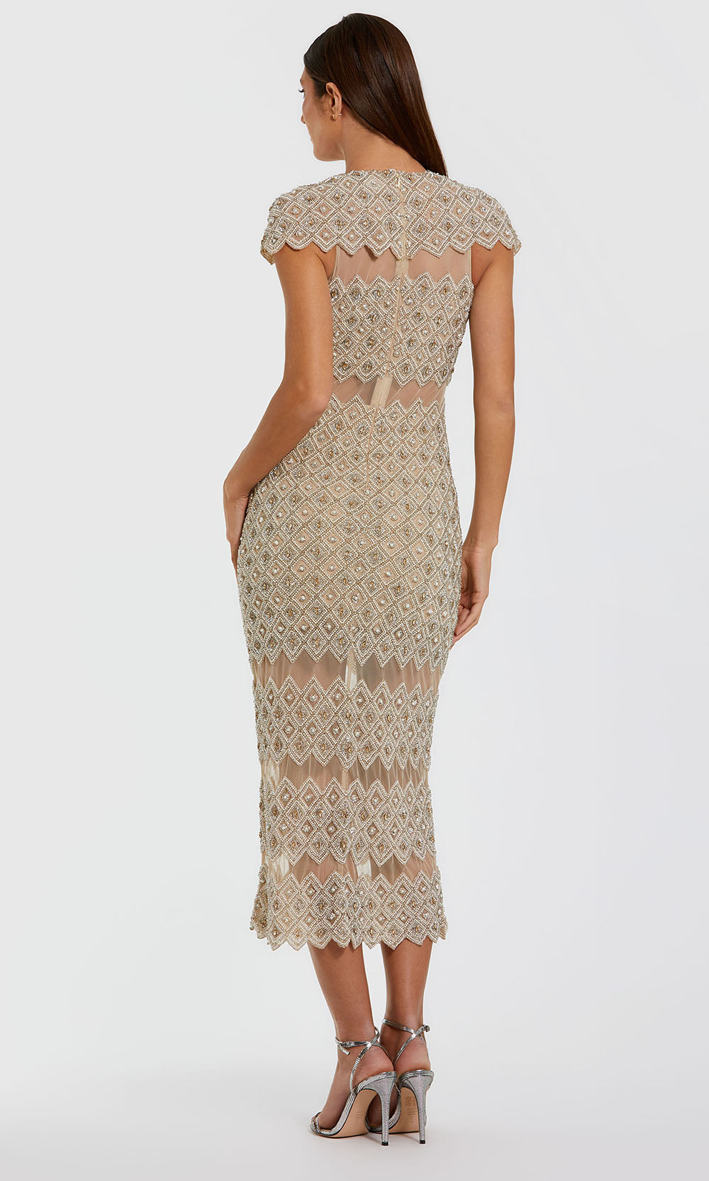 Mac Duggal 10147 - Cap Sleeve Midi Dress with Illusion Panels Cocktail Dresses in White and Neutral