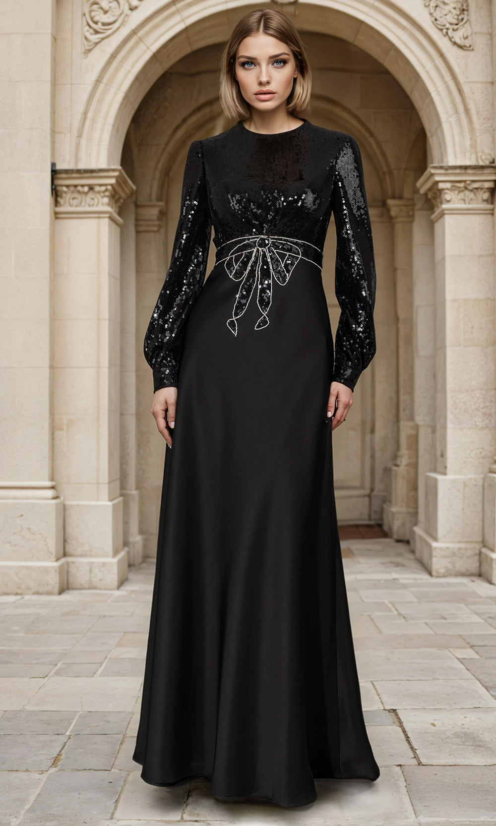 Janique 1028 - Embellished Sequin Sleeve Column Gown Formal Gowns