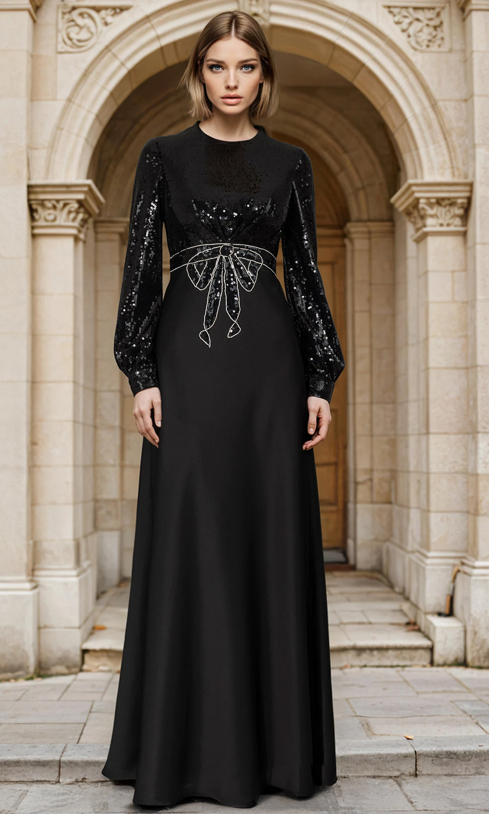Janique 1028 - Embellished Sequin Sleeve Column Gown Formal Gowns