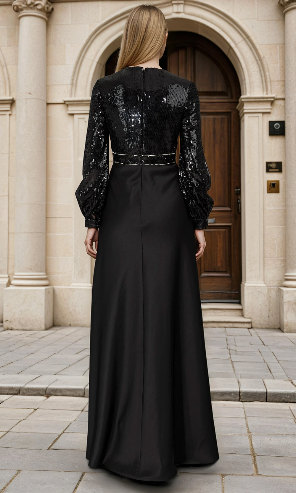 Janique 1028 - Embellished Sequin Sleeve Column Gown Formal Gowns
