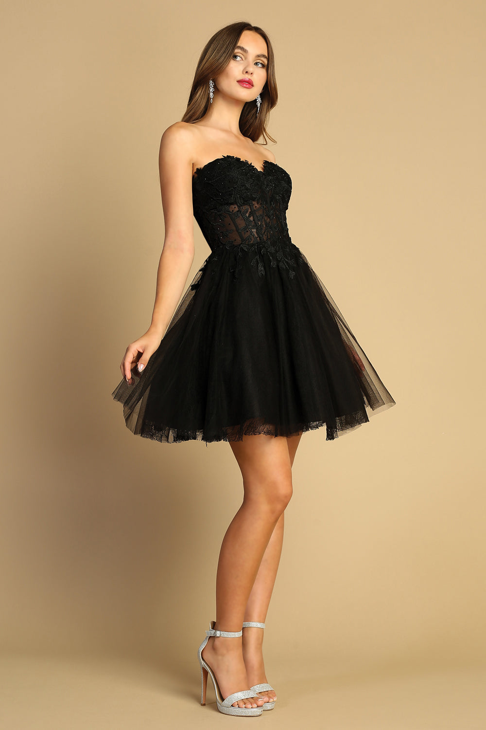 Adora Design 1047 - Applique Lace-Up Back Short Dress Cocktail Dresses in Black  