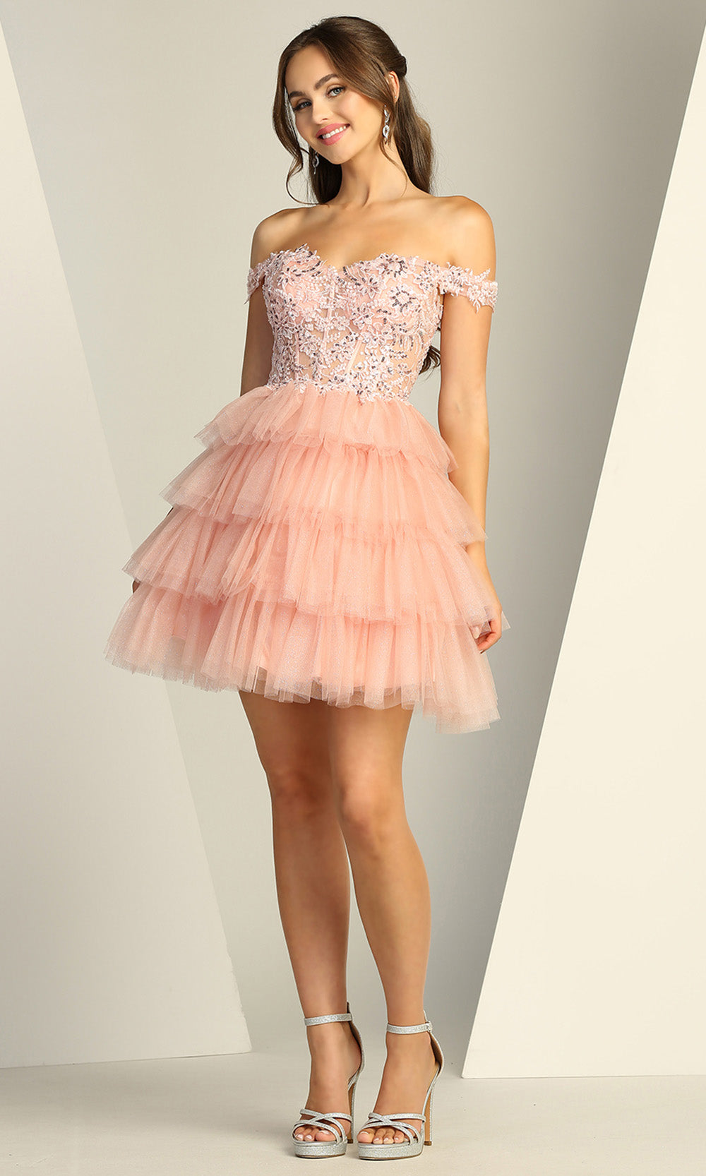 Adora Design 1061 - Tiered Ruffle Embellished A-Line Dress Homecoming Dresses in Pink  