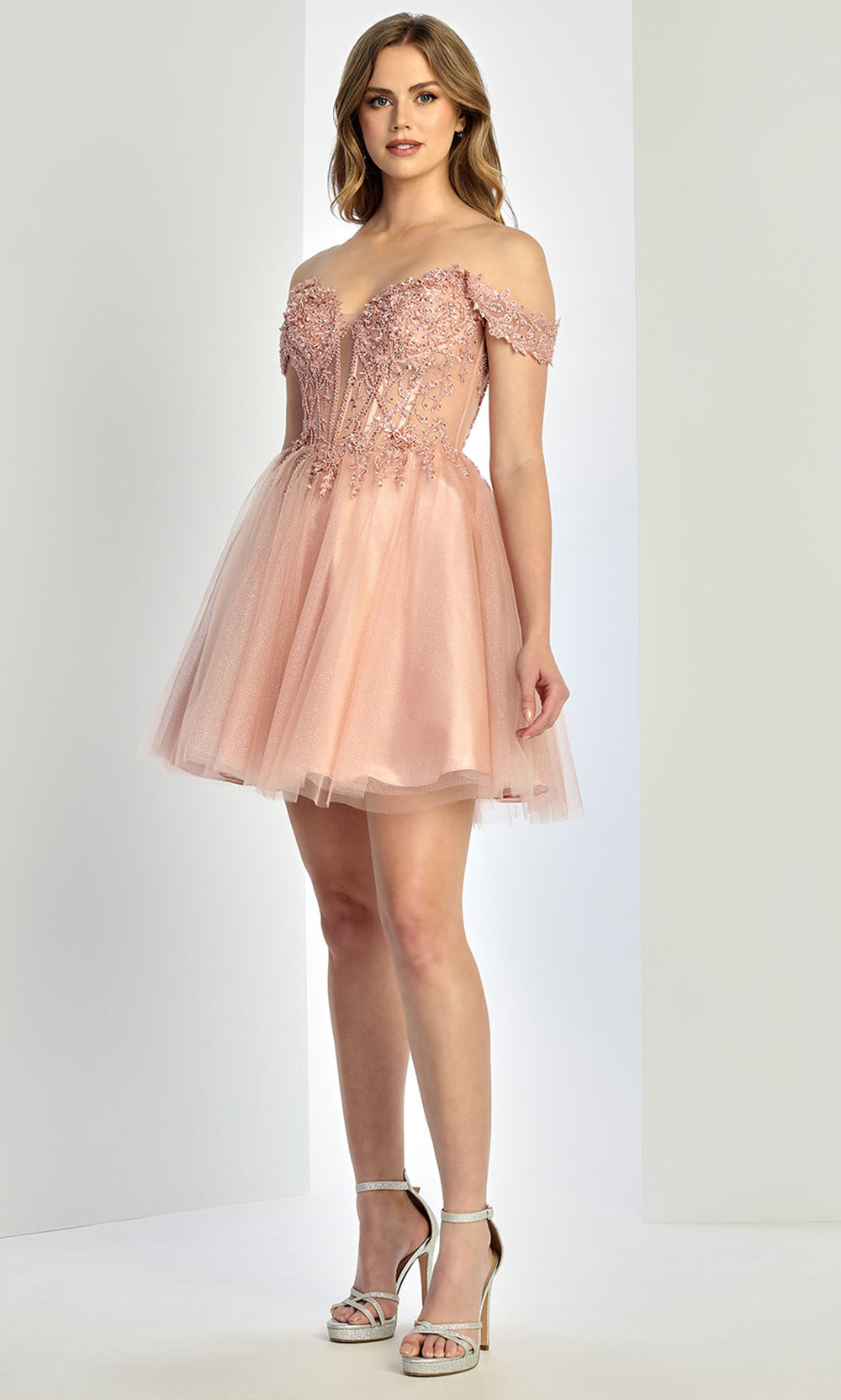 Adora Design 1066 - Embellished Off Shoulder A-Line Dress Homecoming Dresses in Pink  