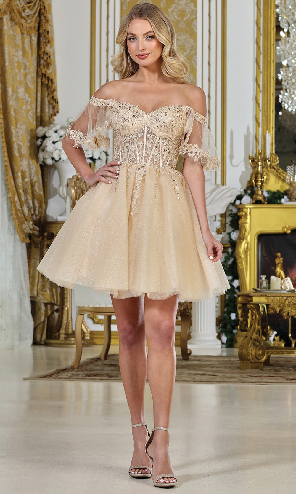 Adora Design 1078 - Floral Lace Applique Sweetheart Mini Dress Cocktail Dresses in Neutral  