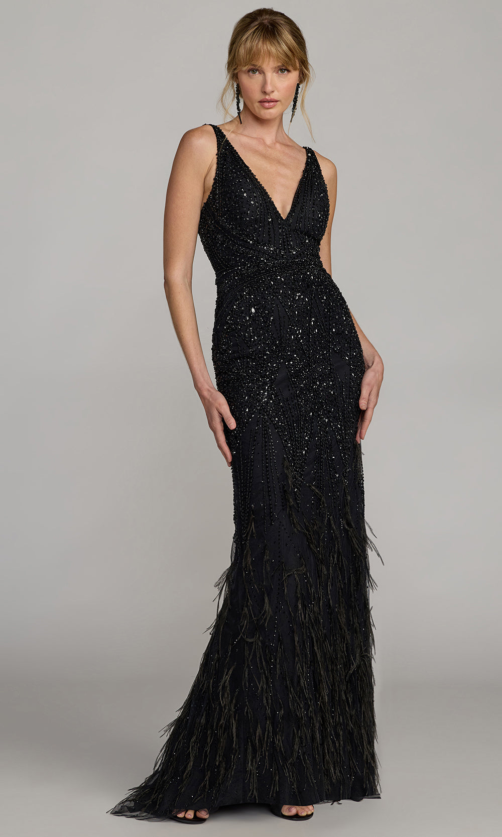 Mac Duggal 11120 - Embellished V-Neck Feather Evening Gown Prom Dresses in Black  