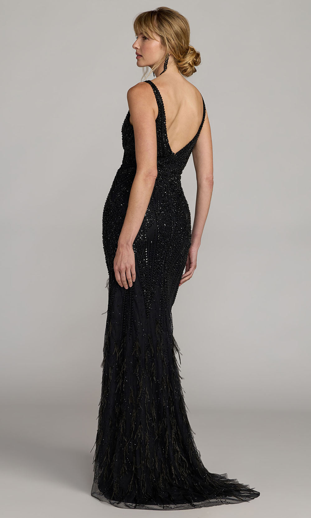 Mac Duggal 11120 - Embellished V-Neck Feather Evening Gown Prom Dresses in Black  