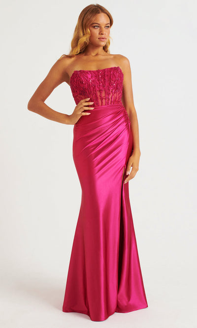 Faviana 11246 - Ruched High Slit Satin Prom Dress Prom Dresses
