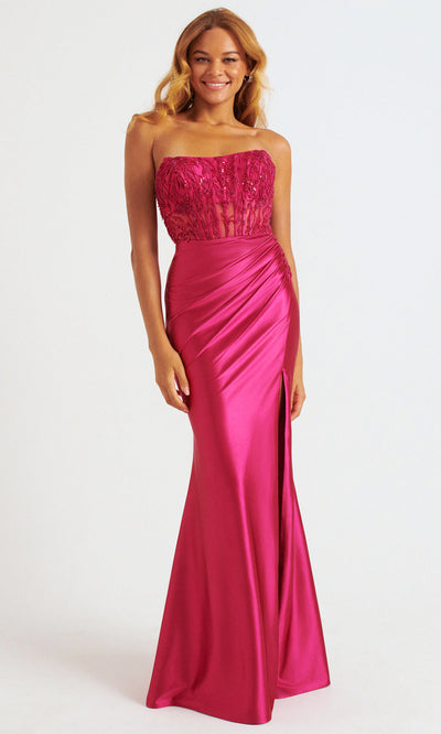 Faviana 11246 - Ruched High Slit Satin Prom Dress Prom Dresses