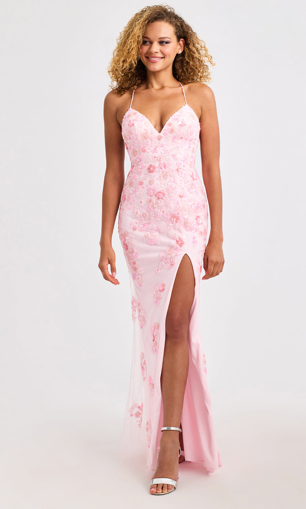 Faviana 11251 - Long Novelty Sheath Dress - Fitted Bodice, Spaghetti Straps, High Slit, Floral Beaded Applique, Open Lace-Up Back ADASA Faviana 11251 - Long Novelty Sheath Dress - Fitted Bodice, Spaghetti Straps, High Slit, Floral Beaded Applique, Open Lace-Up Back ADASA