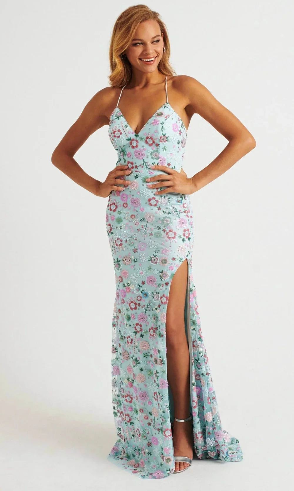 Faviana 11263 - Spaghetti Strap Floral Beaded Slit Dress Prom Dresses